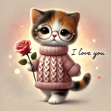 a cat wearing glasses and a sweater is holding a rose and the words i love you below it