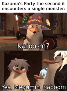 kazuma 's party the second it encounters a single monster kaboom ? yes megumin kaboom