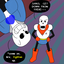 a cartoon of sans and papyrus talking about getting down from there