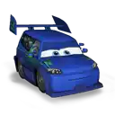 a blue cartoon car with a wing on the top of it .