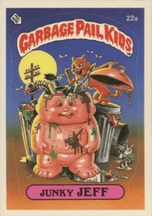 garbage pail kids junky jeff sticker with a trash can