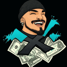 a cartoon drawing of a man with a beard and a hat surrounded by 1 dollar bills