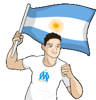 a man wearing a shirt that says droit au but holds an argentina flag