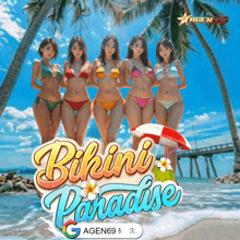 an advertisement for bikini paradise shows a group of women in bikinis on the beach