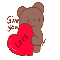 a brown teddy bear is holding a red heart with the word love on it