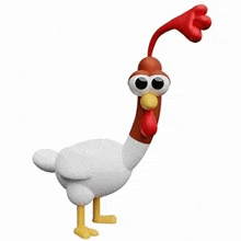 a 3d rendering of a cartoon chicken with a long neck and a red crest .