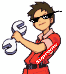 a cartoon of a man wearing sunglasses and holding a wrench with the word supreme on his arm