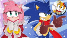 a couple of cartoon characters , sonic and amy , are standing next to each other .