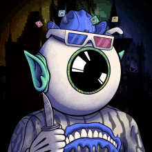 a cartoon character wearing 3d glasses holds a knife