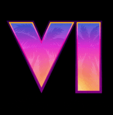 the letter v is surrounded by palm trees in a tropical sunset .