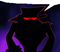 a silhouette of a cartoon character with red eyes