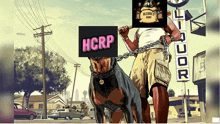 a man holding a sign that says hcrp on it