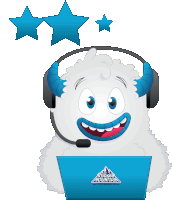 a cartoon yeti wearing headphones and a sticker mountain logo on a laptop