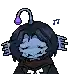 a pixel art drawing of a monster with a purple flower on its head and a music note .