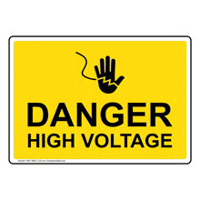 a yellow sign says danger high voltage with a hand holding a lightning bolt