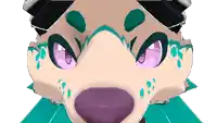 a close up of a furry face with purple eyes