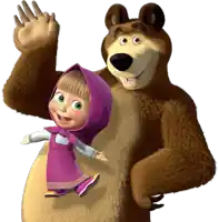 a bear and a girl from masha and the bear are waving