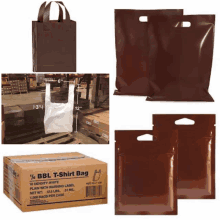 a box of bbl t-shirt bags sits next to a brown bag