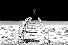 a black and white drawing of a row of barrels with a man in a gas mask