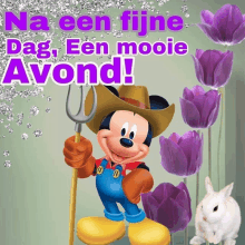 a cartoon of mickey mouse holding a fork with the words na een fijne dag een mooie avond written above him