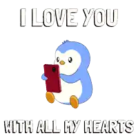 a penguin is holding a cell phone with the words i love you with all my hearts above it