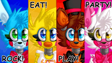 five nights at freddy 's characters with the words eat party rock play