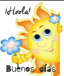 a cartoon sun is holding a flower and the words buenos dias are below it