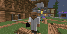 a screenshot of a minecraft game shows a villager standing in front of a building