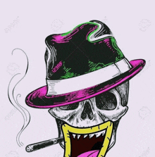 a cartoon skull wearing a hat and smoking a cigarette .