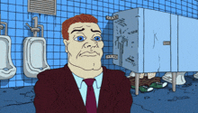 a cartoon of a man in a suit and tie sitting in a bathroom