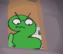 a green cartoon character is looking out a window with a sign that says sink