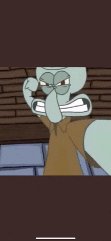 squidward from spongebob squarepants is making a funny face while holding his fist up .