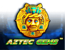 a logo for aztec gems with a statue of a man in the center