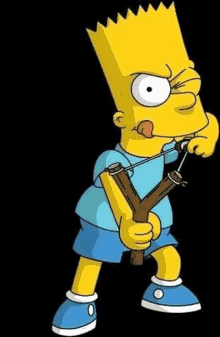 bart simpson from the simpsons is holding a slingshot in his hand .