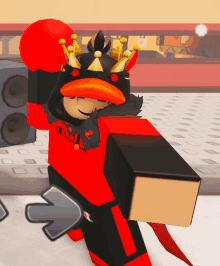 a cartoon character with a crown on his head is wearing red boxing gloves and holding a box