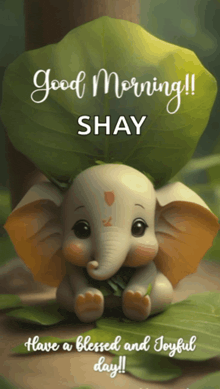 a picture of an elephant with the words good morning shay