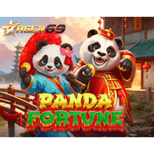 a poster for panda fortune shows two panda bears holding umbrellas