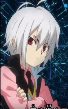 a young boy with white hair and red eyes is standing with his arms crossed .