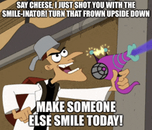 a cartoon character is holding a gun and says " say cheese "