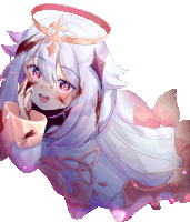 a girl with white hair and red eyes is holding a cup