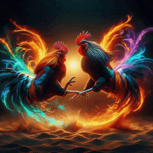 two roosters with flames coming out of their wings