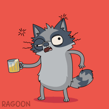 a cartoon of a raccoon holding a glass of beer