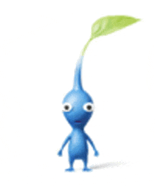 a blue cartoon character with a green leaf on his head .