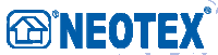 a blue and white logo for neotex with a house in the center