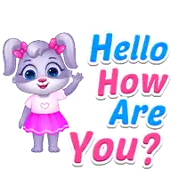 a cartoon bunny says hello how are you in blue and pink letters