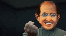 a man wearing glasses and a turtleneck is smiling and pointing