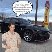 a woman in a military uniform stands in front of a car with a speech bubble that says " everyone qualifies "