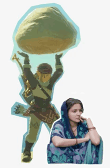 a woman sits next to a man carrying a large rock