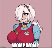 a cartoon of a girl with big breasts and the words womp womp below her