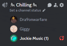 a screenshot of a discord channel that says chilling set a channel status giggy and jockie music